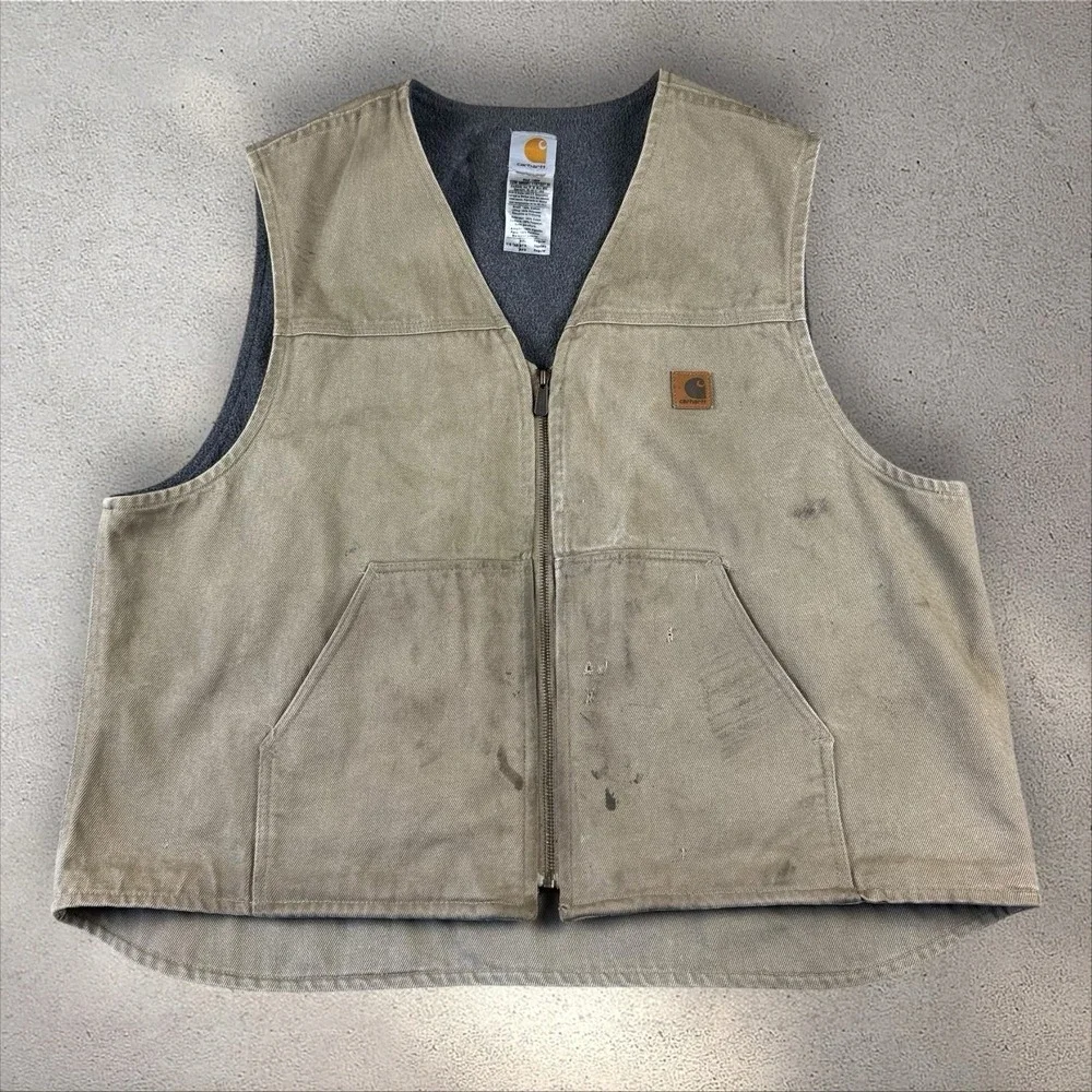 Vtg Carhartt V19 Tan Vest Canvas Sherpa‎ Fleece Lined Workwear Distressed Sz 2XL